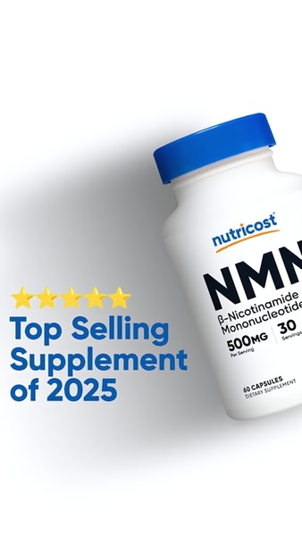 A high-contrast vertical ad featuring a single bottle of NMN supplement with a five-star social proof graphic, emphasizing the product's status as a top seller.